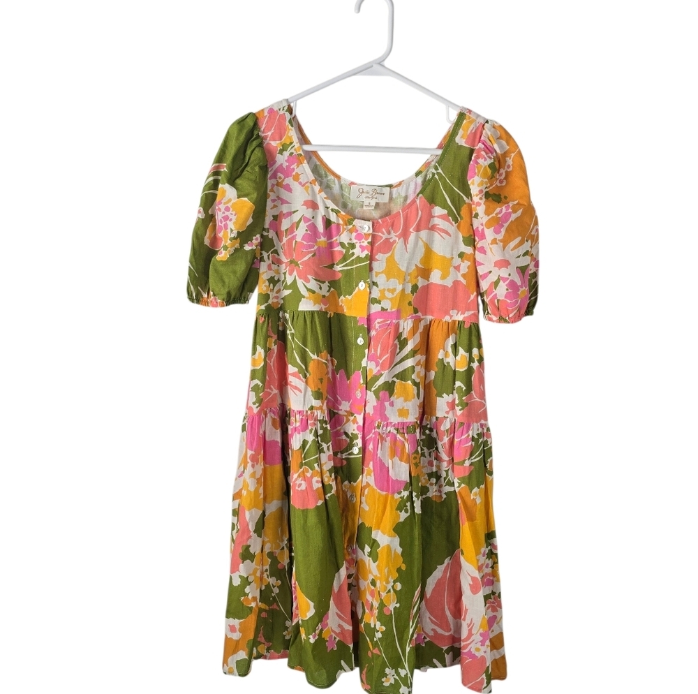 Julie Brown Floral Tropical Print Linen Blend Button Front Dress S Puff Sleeves